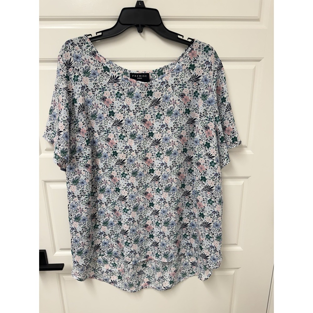 Premise Woman 2X Floral Hi Lo Hem Short Sleeve Blouse Multicolor Top